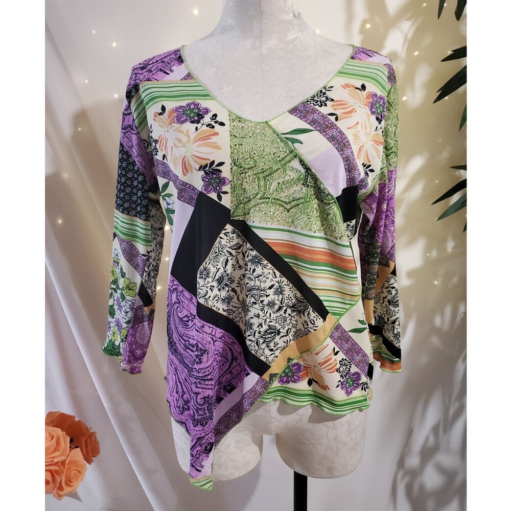 Jessica Max Mesh Patchwork Print Asymmetrical 3/4 Sleeve Top XL V-Neck Y2K Artsy